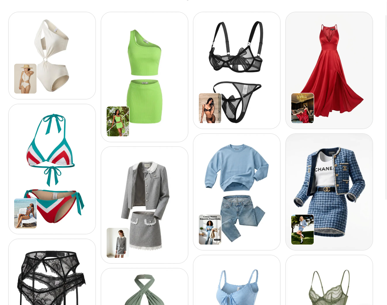 A grid of various clothing items (green two-piece set, red gown, tweed suit) displayed using the ghost mannequin photography style.