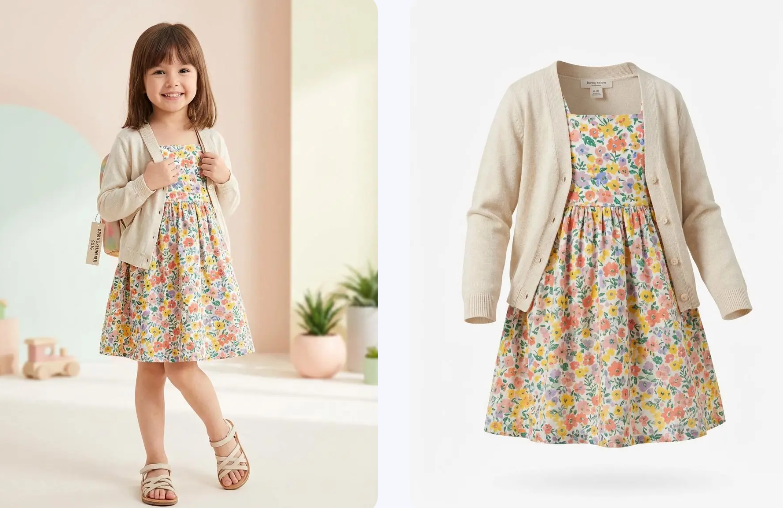 A side-by-side comparison showing a young girl wearing a floral dress and cardigan on the left, and the corresponding 3D ghost mannequin render on the right.