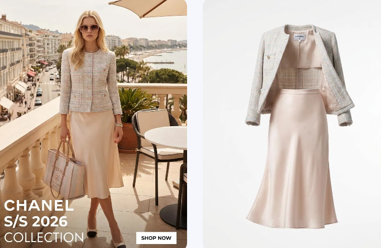 Chanel S/S 2026 collection display; left side shows a model in an outdoor setting, right side shows the same outfit as a 3D ghost mannequin product shot.