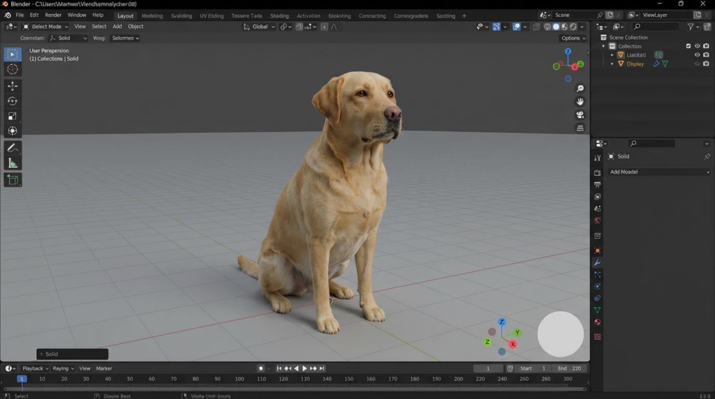 A realistic 3D golden retriever model displayed within a digital 3D workspace (Blender interface).