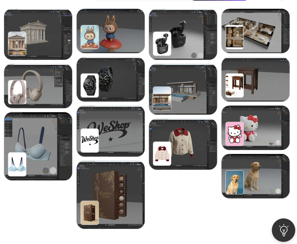 A gallery view from WeShop AI showing various 3D generated items like a Greek temple, headphones, a smartwatch, and cartoon figures.