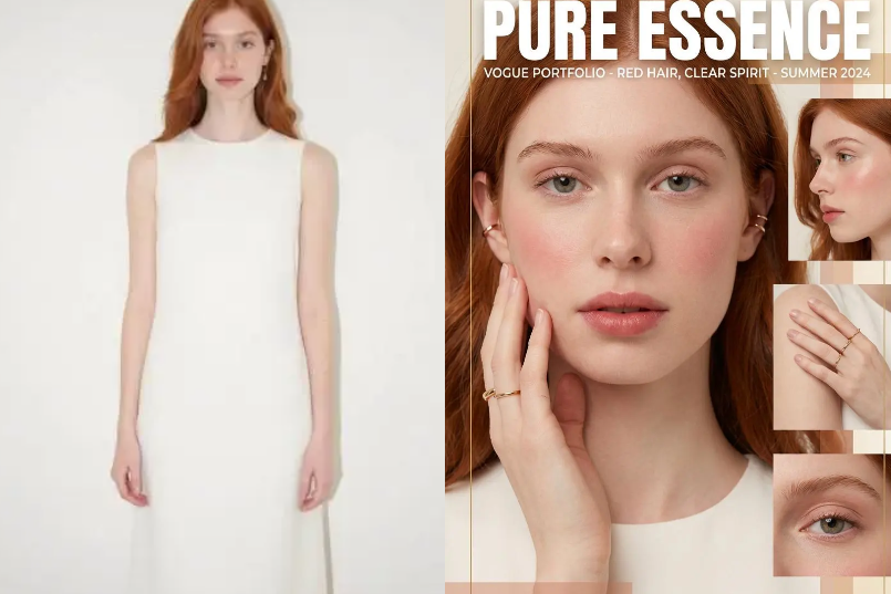 A fashion portrait of a red-haired, green-eyed model showcasing natural skin texture, lip gloss, and detailed gold ear cuffs and rings.