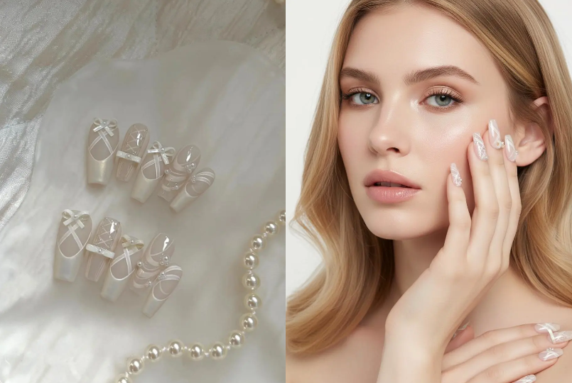 Creamy white ballet-style press-on nails decorated with pearls and bows. The left shows the product layout, and the right shows a close-up of a model wearing them.