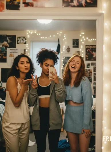 image-13 – WeShop AI Blog Three joyful young women taking a mirror selfie.The woman in the center holds up a smartphone, capturing their reflected smiles and fashionable outfits.