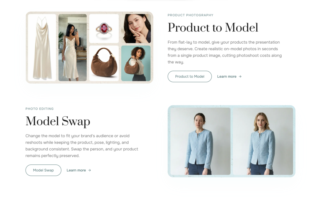 Screenshot of the FASHN website showing "Product to Model" and "Model Swap" features, including examples with a silk slip dress, a ruby ring, and a handbag.