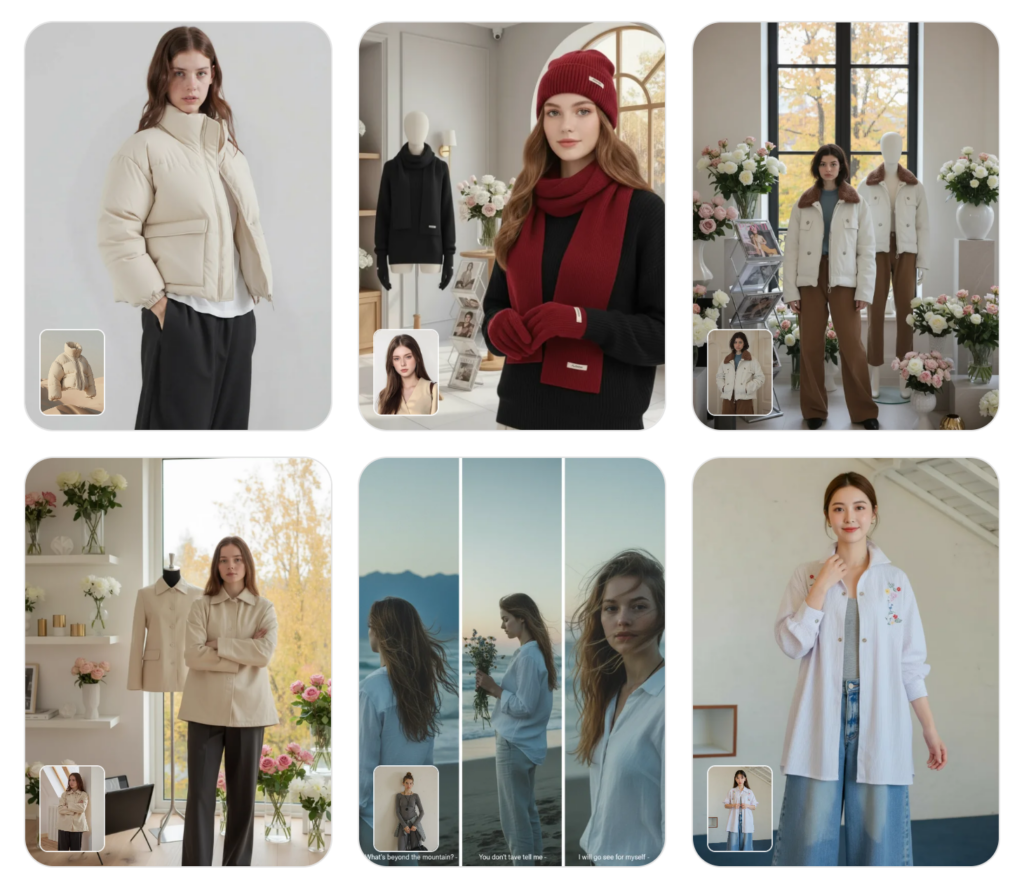 A collage of six fashion photos generated by Nano Banana Pro, featuring models in various settings (indoor, autumn outdoors, seaside) wearing puffer jackets, red scarves, and denim.