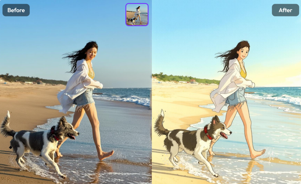 A side-by-side comparison showing a real photo of a woman and her dog running on a beach (left) and its transformation into a Ghibli-inspired anime style (right).