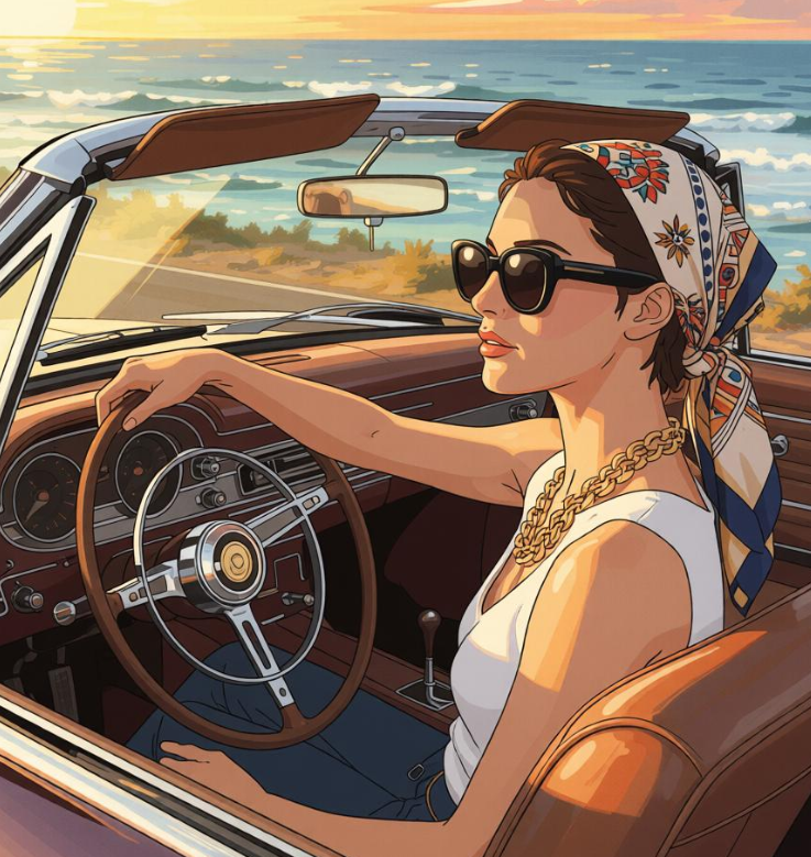 A Ghibli-style anime illustration of a woman driving a vintage car by the sea, featuring vibrant colors and hand-drawn artistic textures.