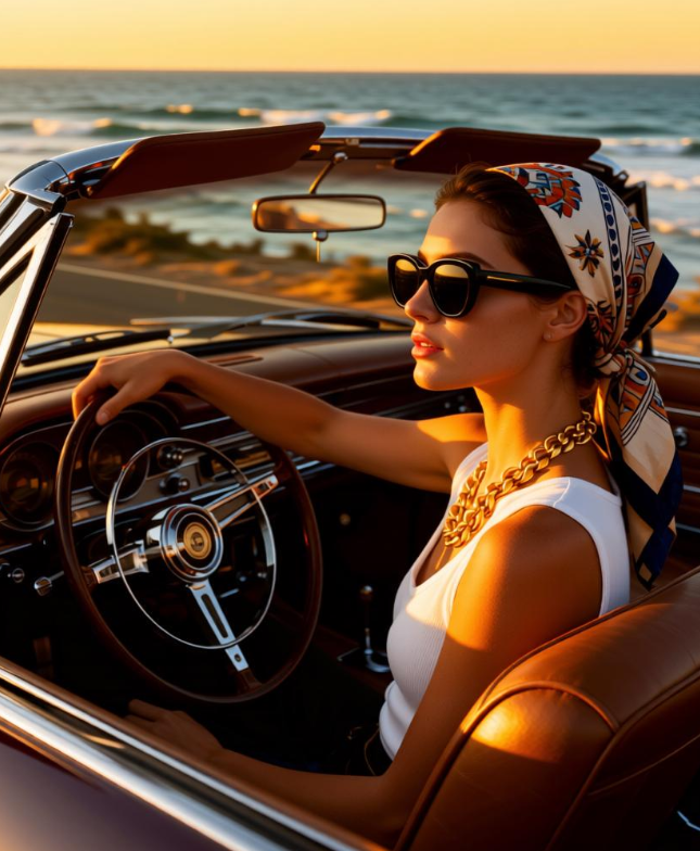 A woman wearing sunglasses and a headscarf driving a vintage convertible with brown leather interior along a coastal road at sunset.