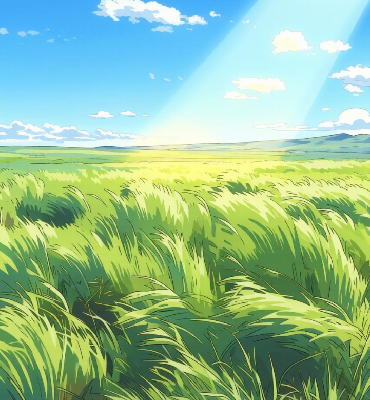 An anime-style landscape of a green field where a dramatic beam of sunlight breaks through the clouds, illuminating the swaying grass in a soft, ethereal glow.