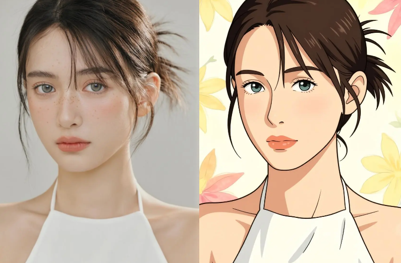 A side-by-side comparison of a young woman's realistic portrait with freckles (left) and her Ghibli-style character transformation (right) against a floral background.
