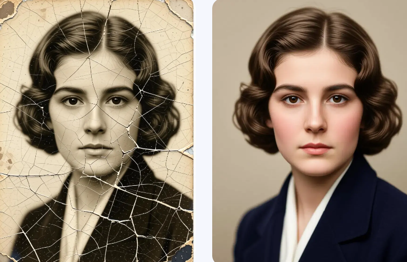 A split image. The left panel shows an antique black-and-white photograph of a woman with extensive, deep cracks across her face and dress. The right panel displays the same portrait fully restored, repaired, and colorized with a natural skin tone and a rich blue blazer.