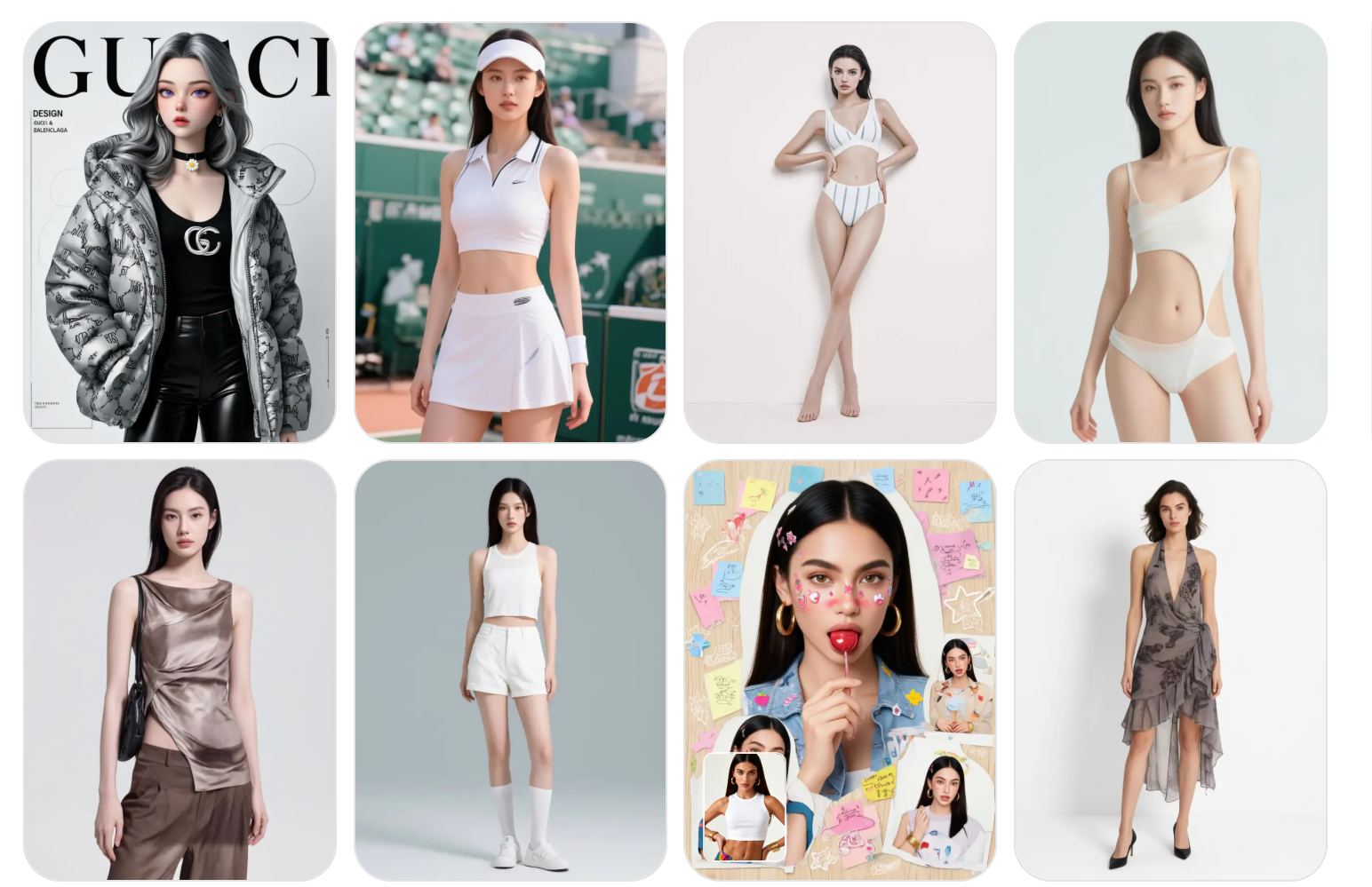 A 4x2 grid of eight professional-grade AI images, including fashion covers, swimwear models, and stylized creative portraits.
