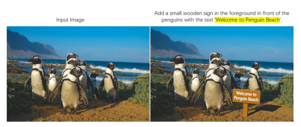 A comparison on the Qwen editing page showing a group of penguins. The "after" image features a wooden sign in the foreground that reads "Welcome to Penguin Beach."