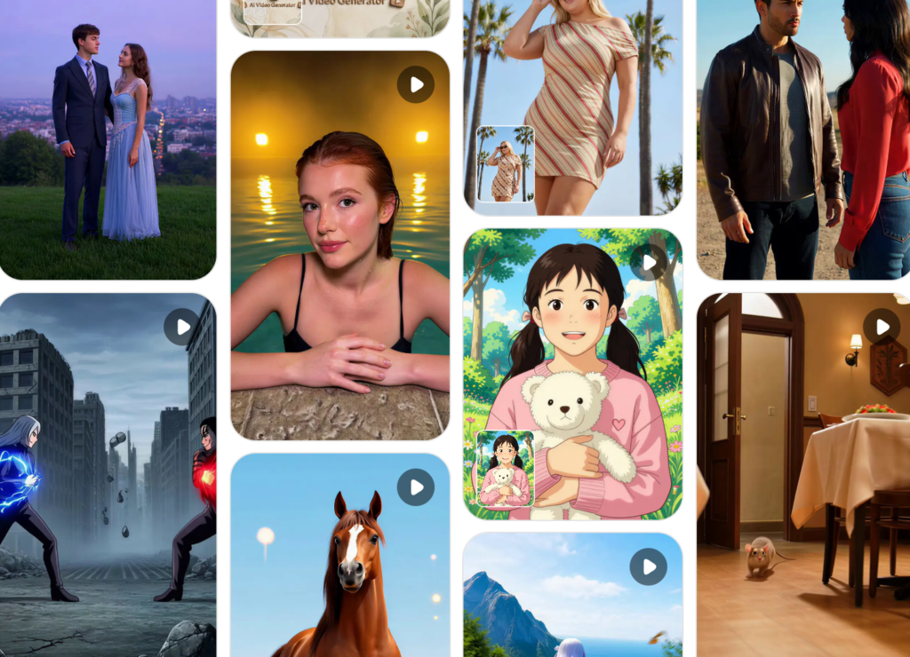 A grid-style interface displaying a variety of AI-generated video thumbnails, including cinematic portraits, anime battles, and realistic animals.