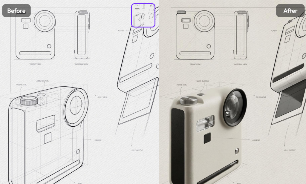 A side-by-side comparison showing a 2D line drawing of a premium instant camera with different views on the left, and its detailed, photorealistic 3D render on the right.