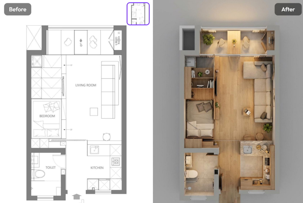 A side-by-side comparison of a detailed 2D apartment floor plan with labels for rooms (Kitchen, Living Room) and a realistic top-down 3D rendering of the same space showing materials and furniture.