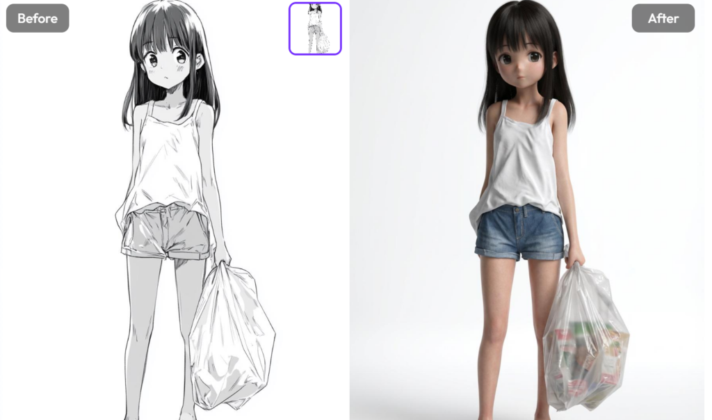 A side-by-side view comparing a black and white 2D manga-style illustration of a girl holding a bag on the left and its photorealistic 3D rendering on the right.
