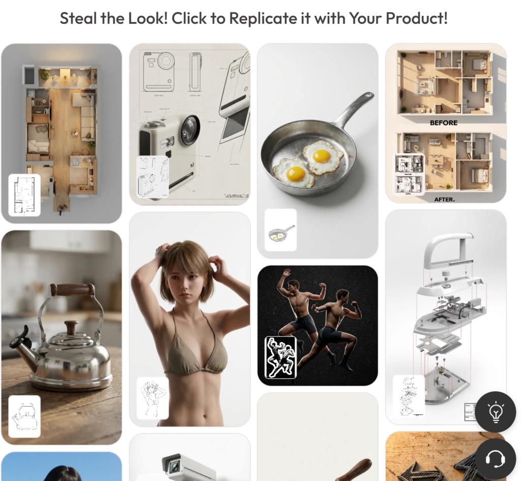 A collection grid displaying multiple successful 2D to 3D product and scene conversions within the Weshop AI tool interface.
