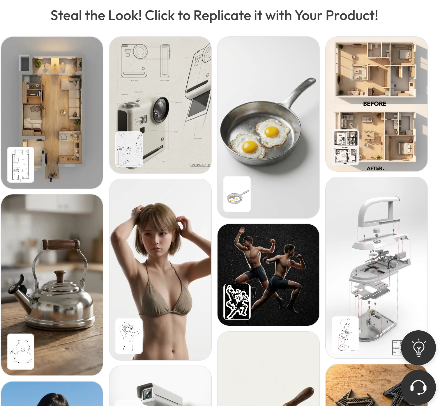 A collection grid displaying multiple successful 2D to 3D product and scene conversions within the Weshop AI tool interface.