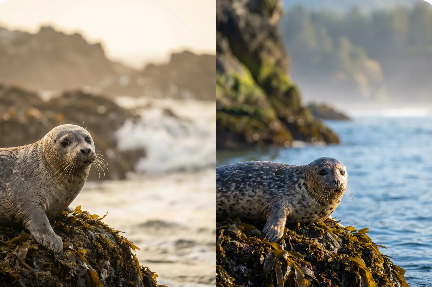 A side-by-side comparison of a spotted seal resting on seaweed-covered rocks with a blurred ocean waves background.