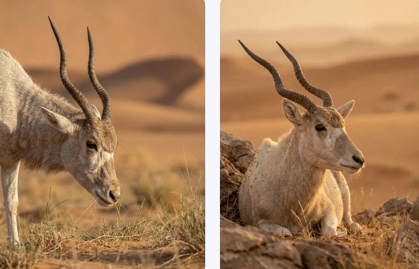 Two images joined together showing a white addax with spiral horns, one standing and one resting against a golden desert backdrop.