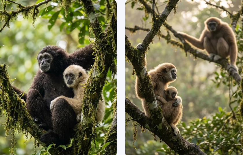 A pair of photos featuring gibbon mothers and infants perched on mossy tree branches within a lush green jungle.