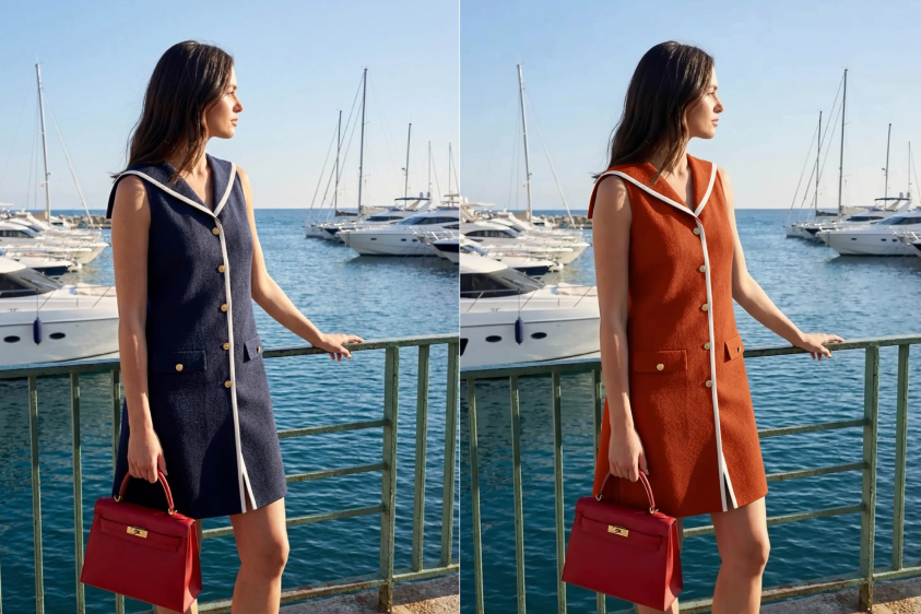 A fashion model standing at a luxury yacht marina, demonstrating a sleeveless button-down dress color swap from navy blue to burnt orange via AI Photo Recolor.