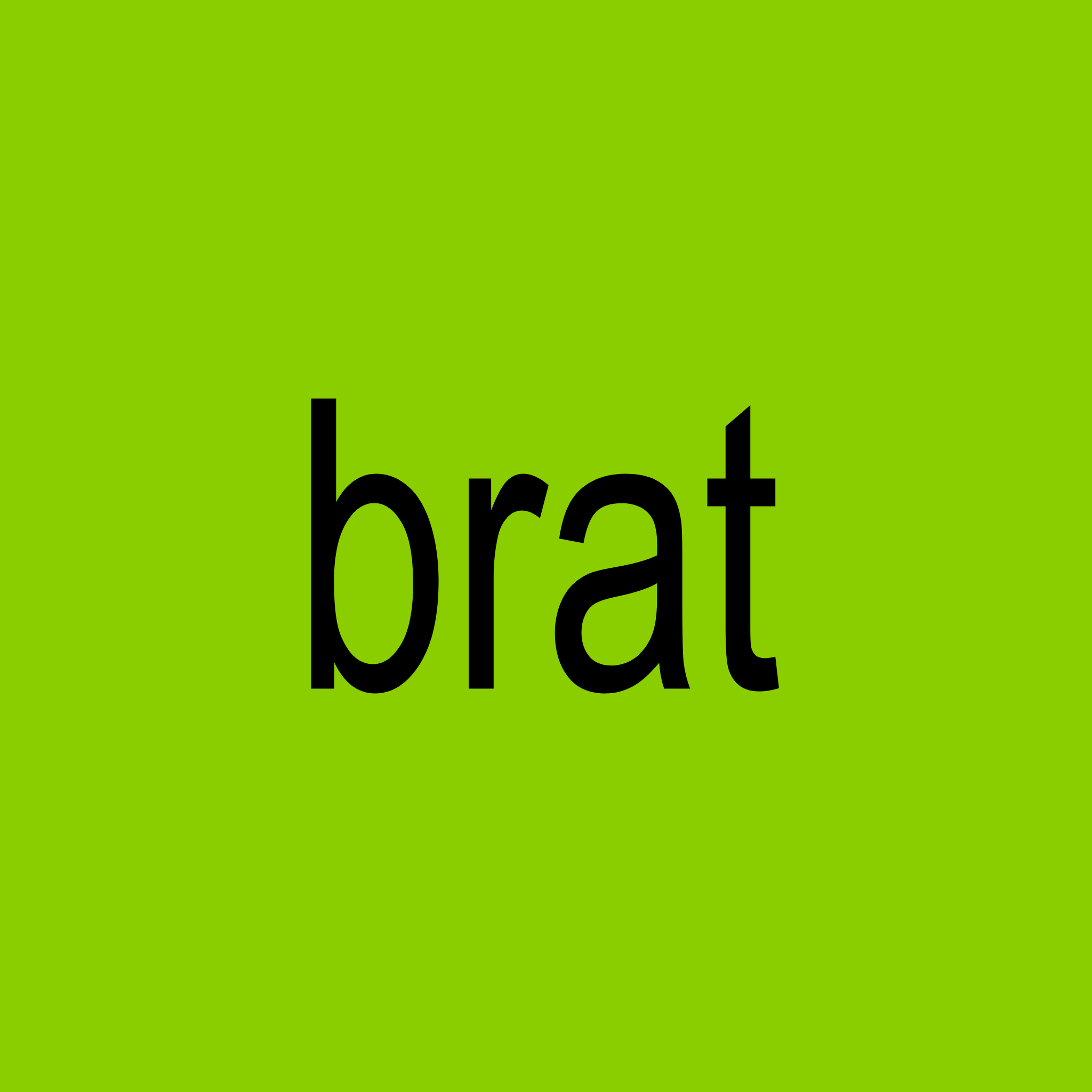 A 1:1 square image featuring the word "brat" in a black, low-resolution sans-serif font centered on a solid, bright lime-green background.