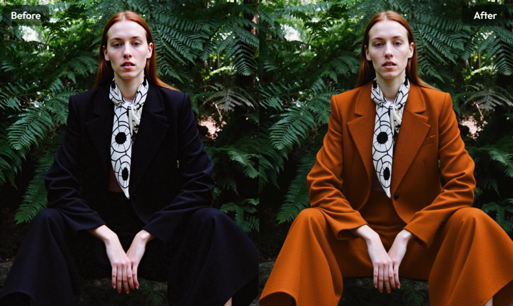 A "Before and After" comparison of a model in a forest; her black business suit is seamlessly changed to a vibrant orange using AI photo recolor.