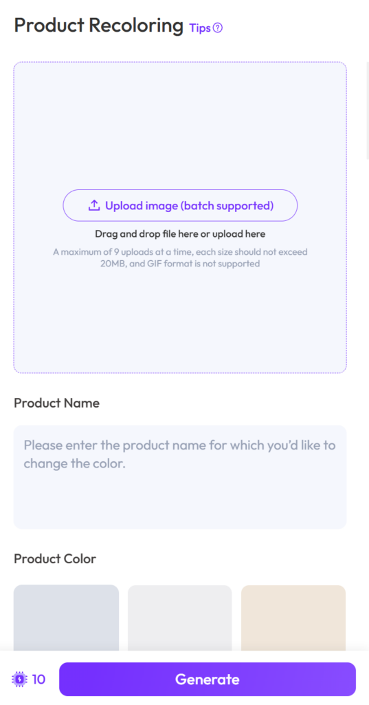 A screenshot of the WeShop AI "Product Recoloring" dashboard, featuring an upload zone, product name input, and a color selection palette.