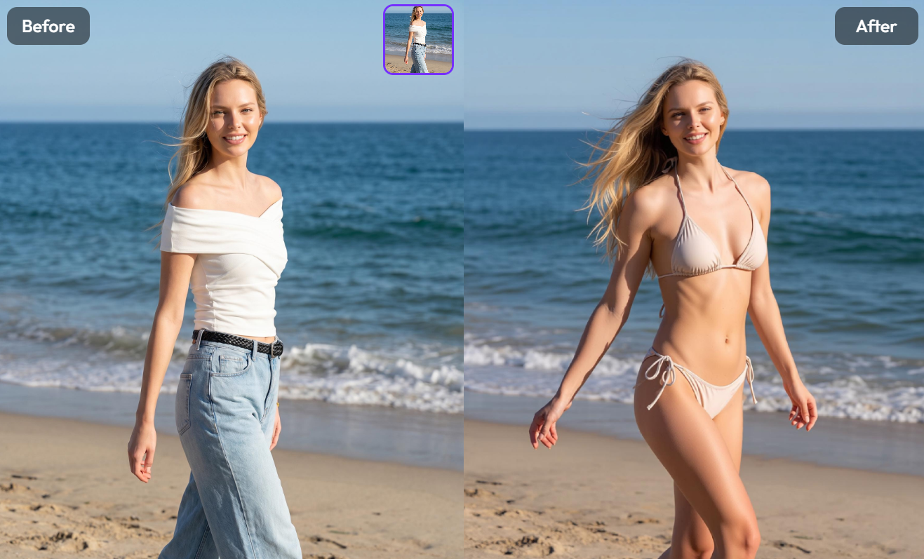 A before and after comparison of a woman on a beach using an AI Bikini Model to swap a white top and jeans for a cream-colored bikini.