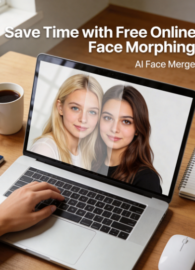 AI Face Merge tool on a laptop screen showing two female faces blended into one, demonstrating free online face morphing in a clean workspace setup