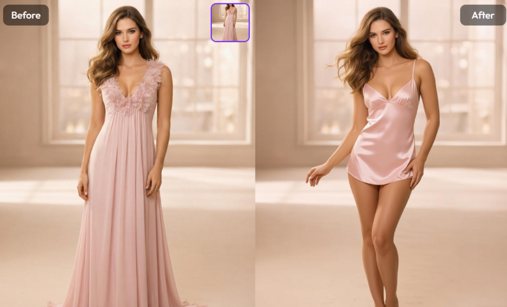 An indoor fashion transformation using an AI Bikini Model to change a long pink gown into a short silk slip dress.