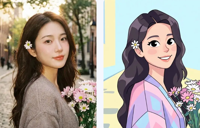 Side-by-side comparison of a real-life woman with a flower in her hair and her anime character version created with Sprunki OC Maker.