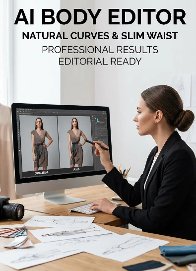 A professional editor using a digital tablet to refine a model's photo. The monitor displays side-by-side body editing results with the text "AI BODY EDITOR: NATURAL CURVES & SLIM WAIST."