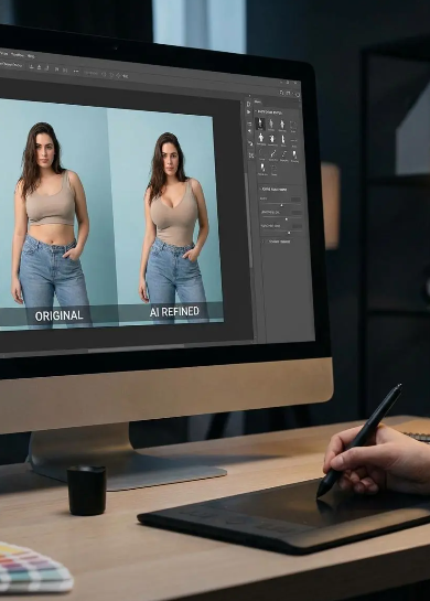A close-up view of a computer screen and a stylus pen. The monitor shows a comparison between an "ORIGINAL" photo and an "AI REFINED" version, highlighting subtle body enhancements.