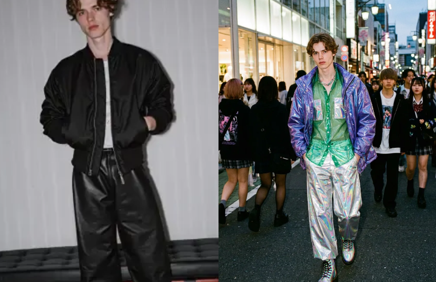 A side-by-side comparison showing a male model in a classic black bomber jacket versus a futuristic holographic outfit with a purple iridescent jacket and silver pants in a neon city.