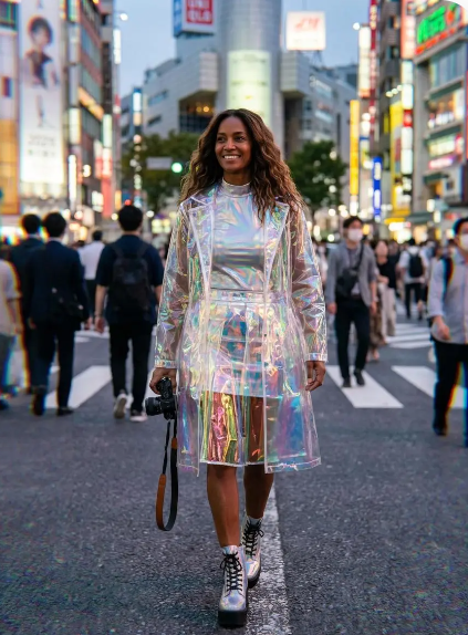 A smiling woman walks across a Shibuya crosswalk wearing a transparent holographic raincoat over a silver outfit, carrying a camera with neon signs in the background.