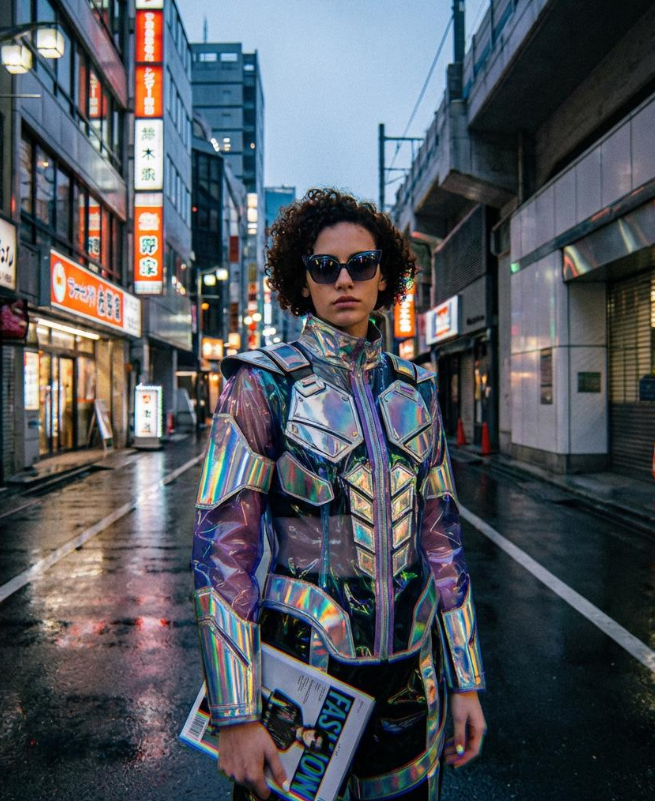 A woman with curly hair and sunglasses wearing a structured, armored holographic jacket, standing in a rain-slicked Tokyo alley while holding a fashion magazine.