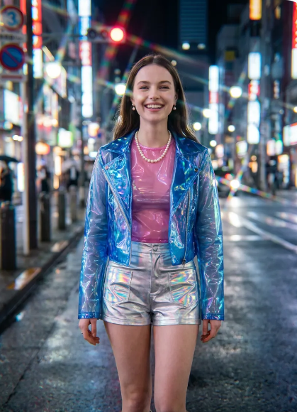 A cheerful woman posing in a blue iridescent biker jacket and silver shorts, illuminated by the glowing neon lights of a busy city street at night.