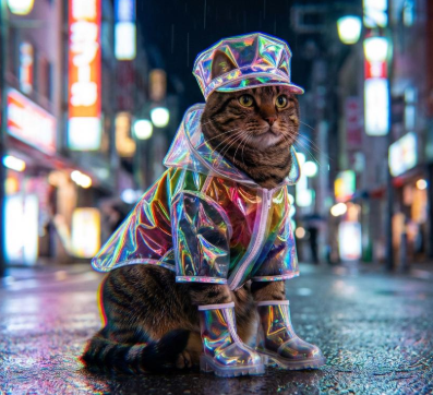 A tabby cat dressed in a complete holographic outfit, including a matching hat, raincoat, and boots, sitting on a wet city street under neon lights.