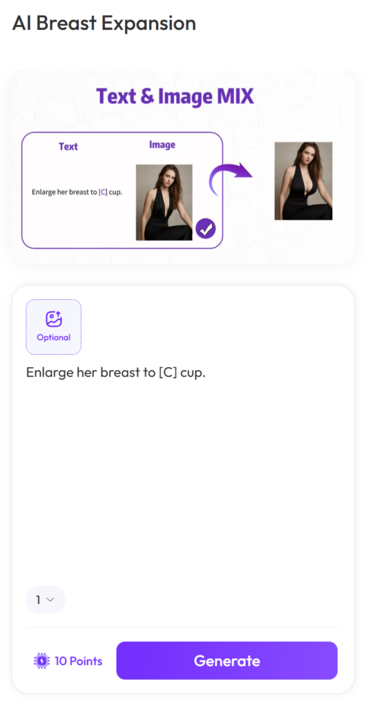 Screenshot of the WeShop AI Breast Expansion tool interface, highlighting the Text & Image MIX input field with a prompt for [C] cup enhancement.