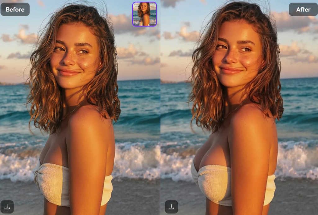 Before and after comparison on a beach at sunset, showing how WeShop AI Breast Expansion naturally enhances bikini proportions while preserving the ocean and sunset sky background.