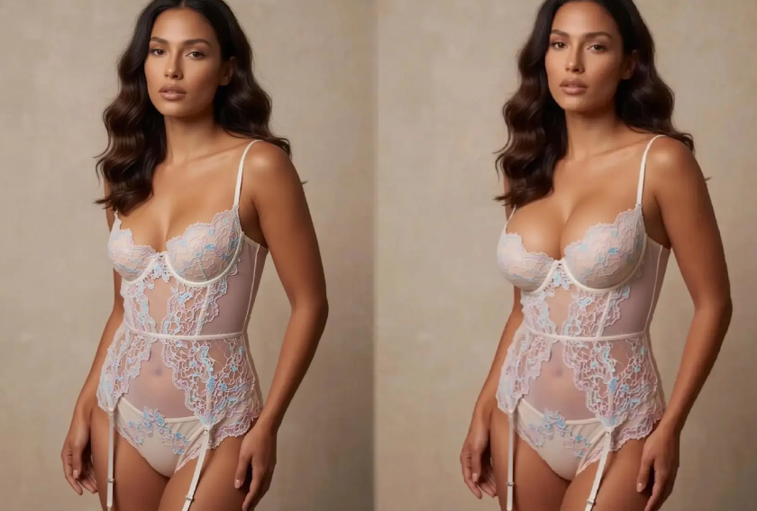 Side-by-side comparison of a fashion model in an intricate white lace corset bodysuit, demonstrating flawless clothing preservation after using AI Breast Expansion to create a balanced silhouette.