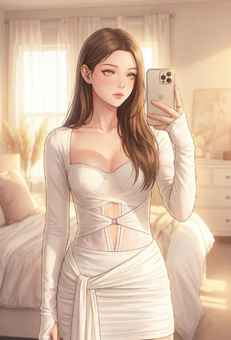 Anime style digital illustration of a young woman with long brown hair taking a mirror selfie in her bedroom, wearing a white cutout mini dress before editing.