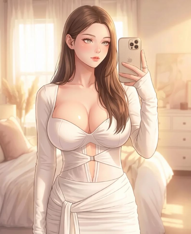 Anime style digital illustration of the same woman, showing refined and character-accurate body proportions using WeShop AI Breast Expansion, with the complex white dress details perfectly preserved.