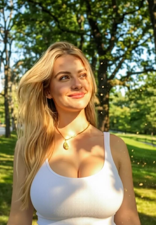 A realistic photo of a different smiling blonde woman in a lush park, showing beautifully balanced and natural body proportions achieved with WeShop AI Breast Expansion, maintaining realistic lighting and background details.