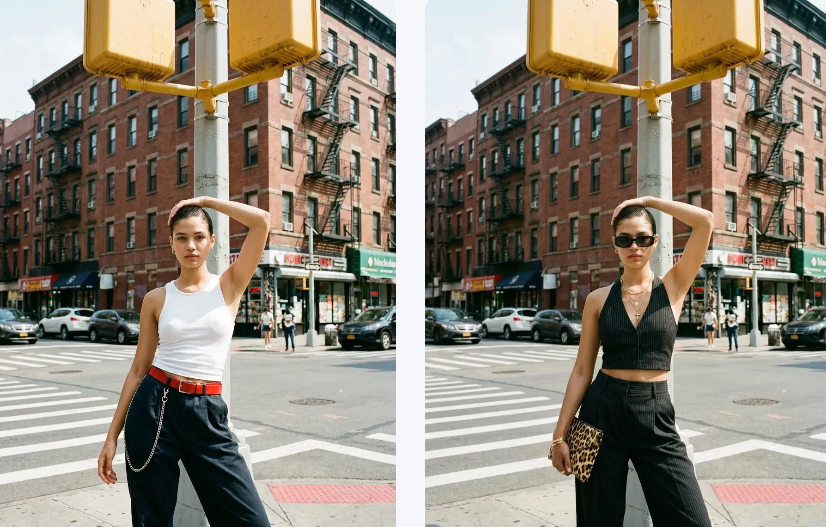 A street style transformation using an AI clothes changer to upgrade a simple white tank top and navy pants to a chic pinstripe vest with accessories.