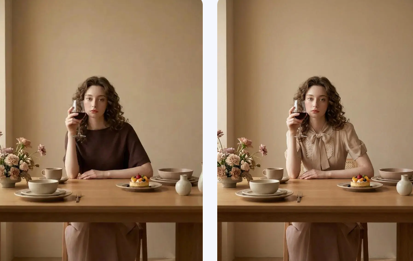 An elegant dinner setting photo showing an AI clothes changer replacing a plain brown t-shirt with a sophisticated beige bow-tie blouse.
